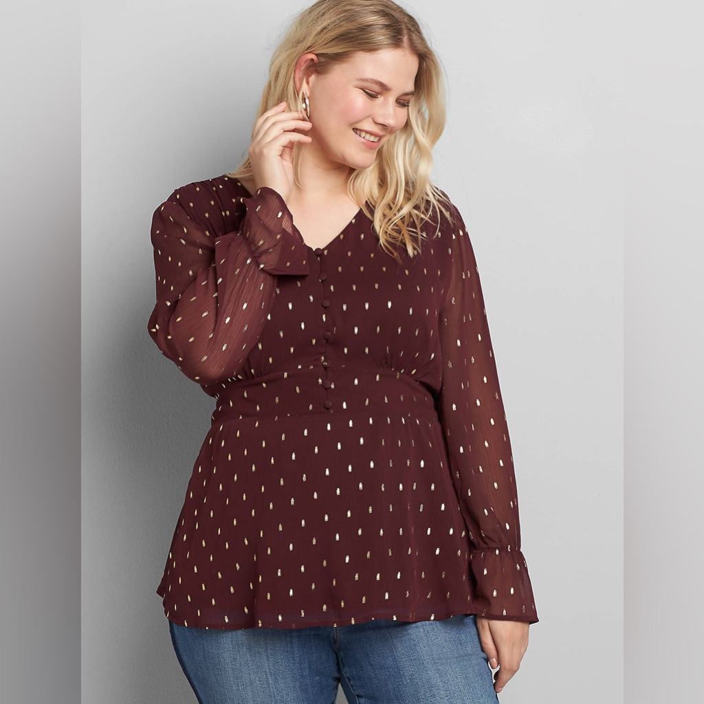 Foil-Dot Button-Front Peplum Blouse